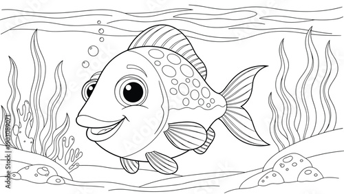 A cheerful coloring page of a happy cartoon fish swimming underwater, surrounded by seaweed and rocks on the sea bottom.