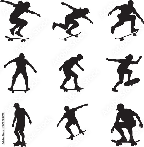 Silhouette of skateboarder performing various tricks and stunts on skateboard