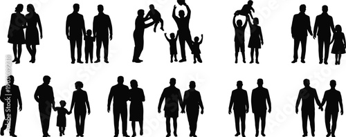 Family silhouettes set showing parents children couples walking playing together isolated on white background for social lifestyle design use