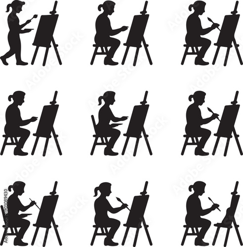 silhouette of woman painting on an easel in various positions