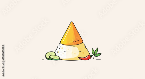 Charming cartoon illustration of a personified Indonesian Nasi Tumpeng dish with sleepy eyes and