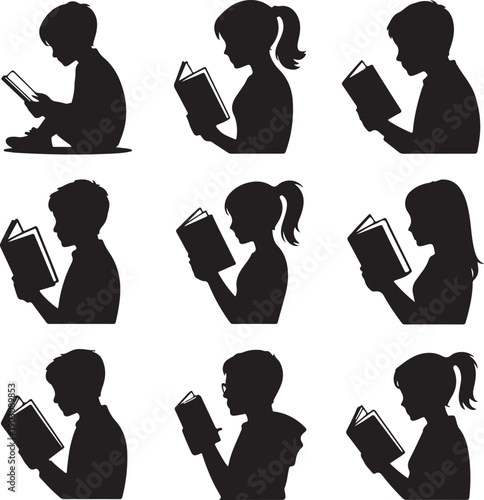 Silhouettes of children reading books in various poses and positions