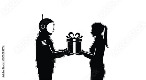 Astronaut gifting a present to a woman, symbolizing connection and innovation