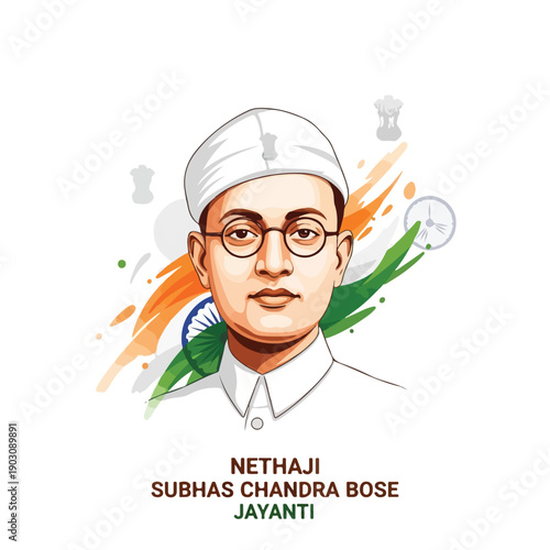 Illustration of Netaji Subhas Chandra Bose with Indian flag colors and text on a white background.