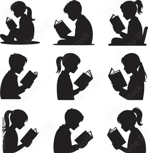 Silhouettes of children reading books in various sitting positions