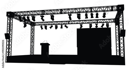 Silhouette of a professional conference stage setup featuring lighting trusses podium and large screen area
