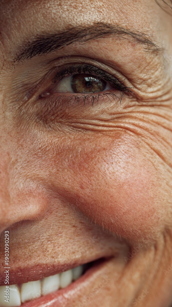 Fototapeta premium Mature woman's close up smiling face showing natural skin texture, crow's feet and freckles candid portrait of aging gracefully, genuine emotion and well being - close up -