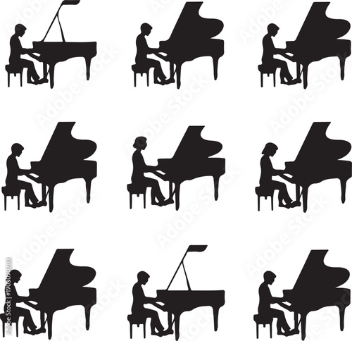 Silhouettes of people playing grand pianos in various positions