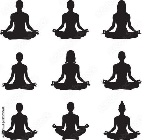 silhouettes of people sitting in lotus position meditating together