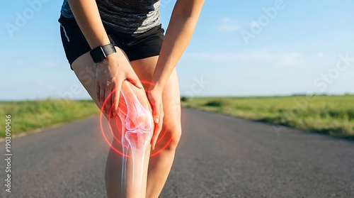 A person clutching their injured knee on a serene pathway through a green field on a sunny day with a clear blue sky
