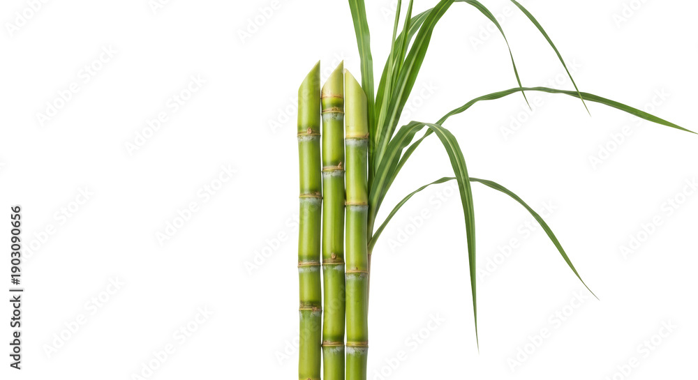 Obraz premium Fresh green sugar cane stalks PNG isolated on transparent background, tropical plant for juice and healthy lifestyle