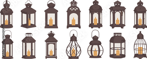 Decorative lantern collection with vintage candle lamps in various shapes and styles isolated on white background for festive interior design use