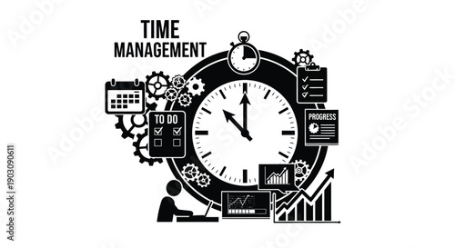 Black and white graphic illustrating essential concepts for successful time management and productivity development
