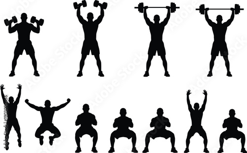 Fitness workout silhouettes set showing man performing strength training exercises squat jump and weightlifting flat vector illustration
