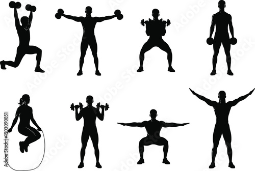 Fitness workout silhouettes collection with men performing strength training cardio and weightlifting exercises flat vector illustration