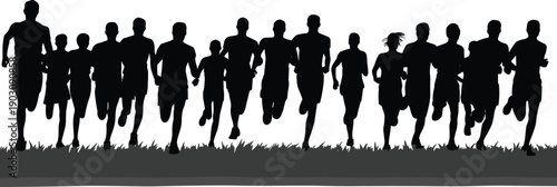 Diverse group of athletes silhouetted running across a grassy field in a race or marathon event