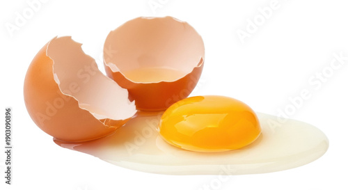 Foto Cracked egg with yolk isolated on transparent background, broken shell halves an