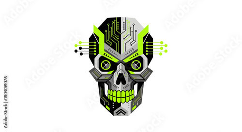 A futuristic skull illustration with neon green accents and digital elements, viewed from the front, showcasing technology and innovation