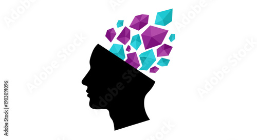A silhouette of a human head in profile with colorful geometric shapes emerging from the brain area, symbolizing creativity and thought process, viewed from the side in a simple illustration style