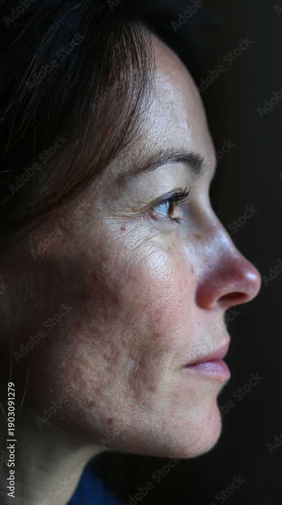 Fototapeta premium Woman's face in profile showing natural skin aging, hyperpigmentation, melasma, dark spots, and sun damage, highlighting dermatology, skin health, and beauty care concerns