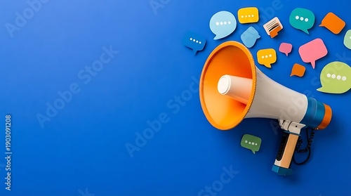 A megaphone on a blue background with colorful speech bubbles coming out of it representing communication and public speaking