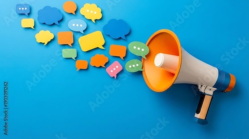 A megaphone with colorful speech bubbles on a blue background representing communication and public speaking