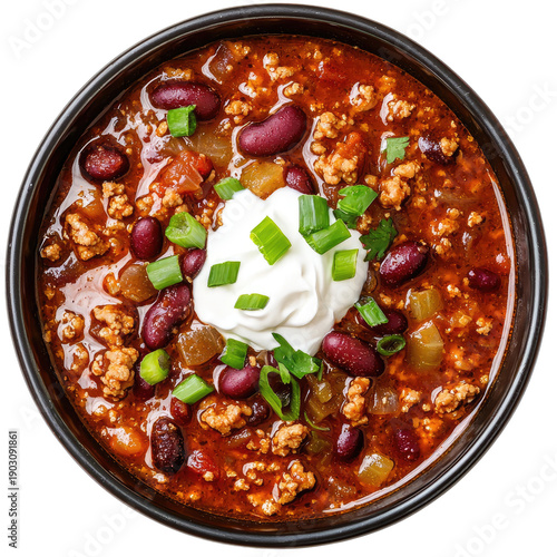 Overhead View Of Hearty Chili In A Black Bowl With Sour Cream And Scallions On Transparent Background