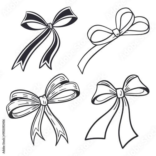 Four different styles of bows with ribbons drawn in black and white Vector