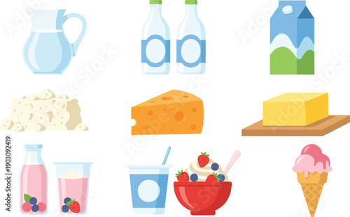 Dairy products and desserts collection with milk cheese butter yogurt ice cream and cottage cheese flat vector illustration