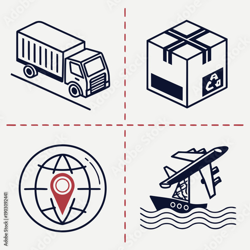Logistics and transportation icons representing various services and equipment Vector