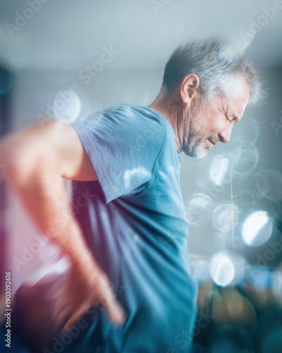 Senior man suffering from backache and kidney pain holding lower back at home for healthcare diagnostics, World Kidney Day patient awareness concept with bokeh