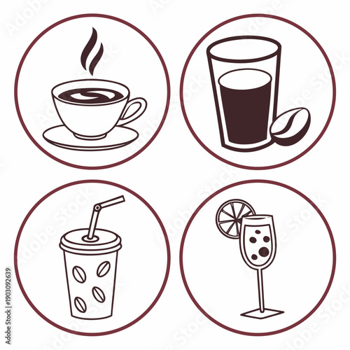 A collection of different types of beverages including coffee, tea, and cocktails Vector