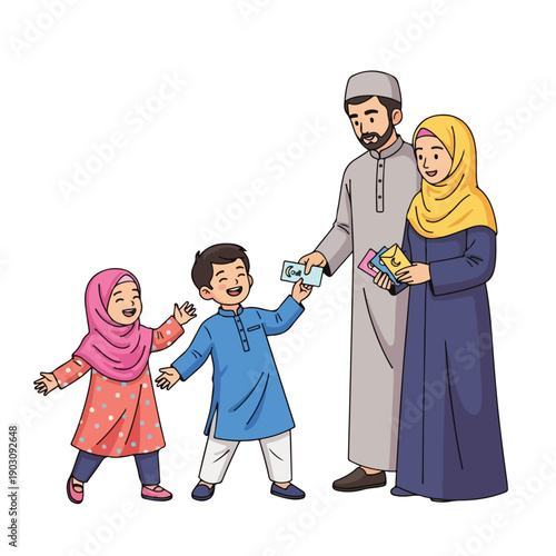 Illustration of a Muslim family celebrating Eid, with the father giving money and gifts to his happy children, conveying tradition and joy
