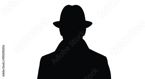 Mysterious silhouette of a man wearing a classic fedora hat and trench coat against white background