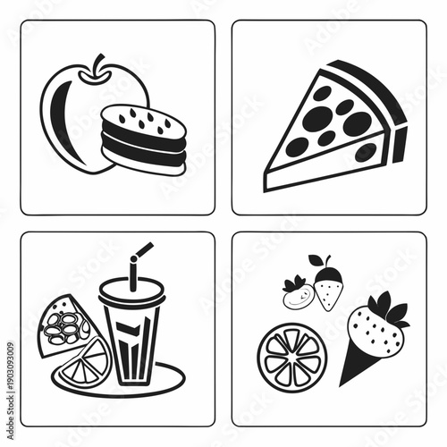 Assorted food icons featuring a sandwich, pizza, drink, and donuts Vector