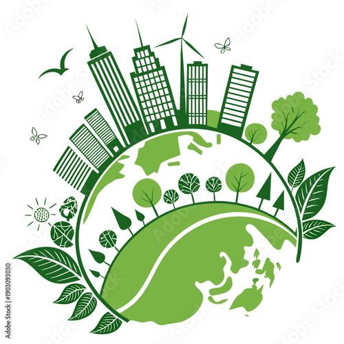 A vibrant illustration of sustainable city life with green buildings and nature. Vector