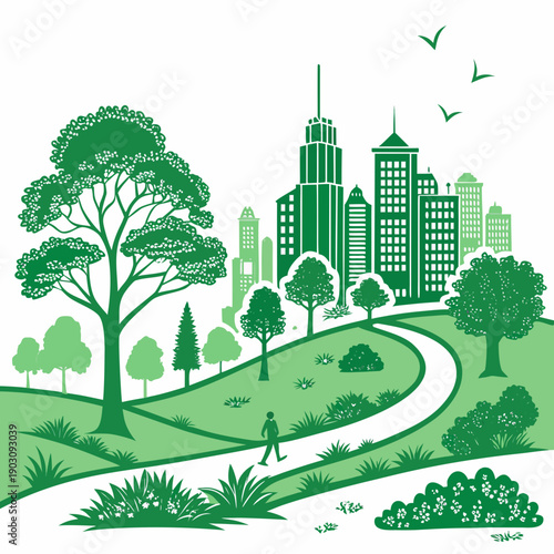 A picturesque landscape featuring a winding road, lush trees, and a distant city skyline. Vector