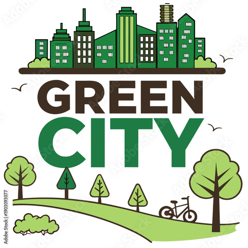 A vibrant green cityscape with buildings, trees, and people enjoying the outdoors Vector