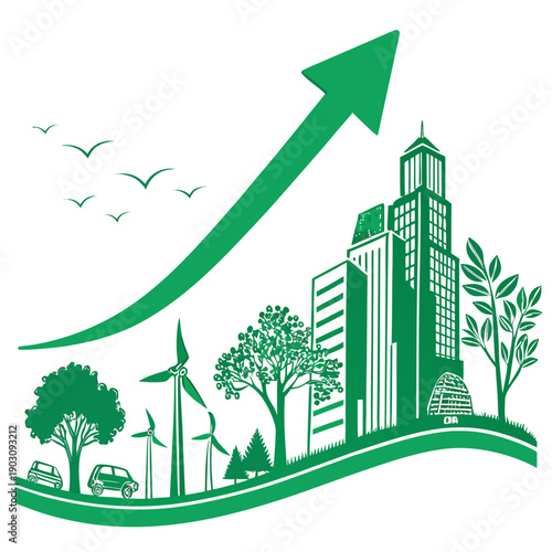 Sustainable city development with green energy and infrastructure growth Vector
