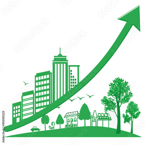 A vibrant cityscape with green buildings and a growing tree symbolizing growth and sustainability. Vector