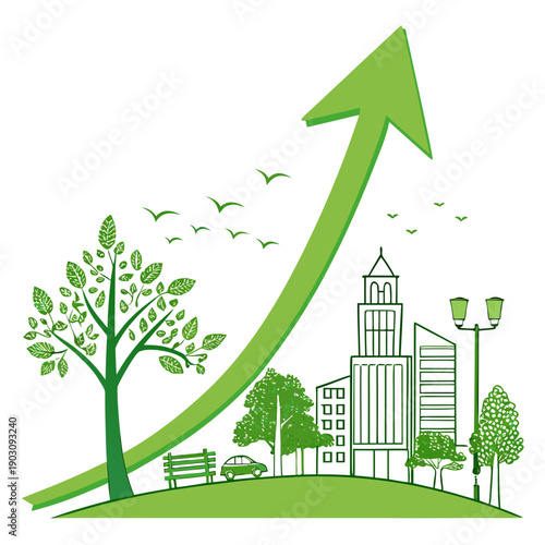 A vibrant green cityscape with a towering arrow indicating growth and development. Vector