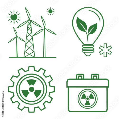 Renewable energy sources and eco-friendly icons representing sustainability and green technology. Vector