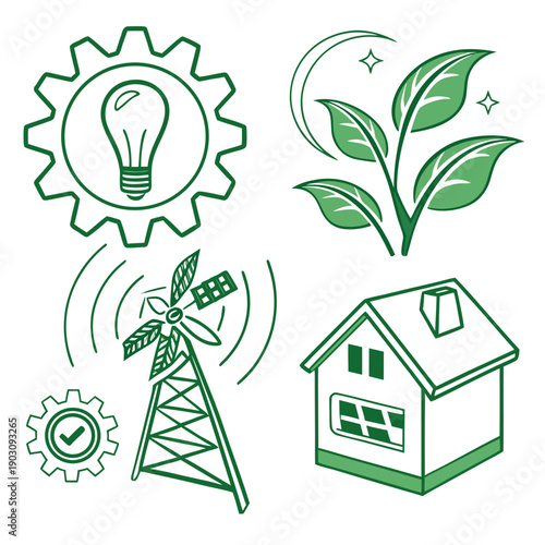 Illustrations of sustainable energy sources and eco-friendly practices. Vector