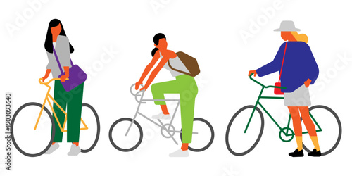 Diverse young women with bicycles in flat vector illustration, urban lifestyle and eco-friendly commuting concept.