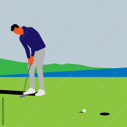 Male golfer putting a ball on a green golf course with a scenic landscape background, flat vector illustration style.