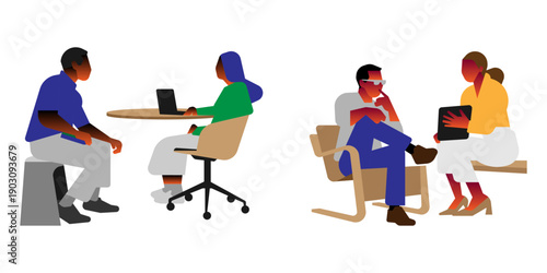 Business people having informal meetings and interviews in a modern office, using laptop and tablet, flat vector illustration.