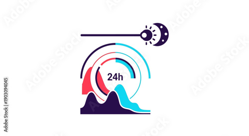 24h Daily Cycle and Circadian Rhythm Tracking Icon. Time Flow Measurement, Chronobiology, and Biological Clock Data Visualization.