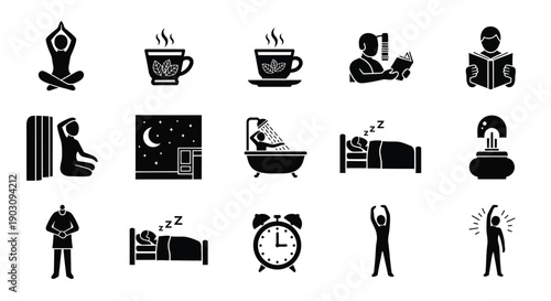 Collection of black silhouette icons representing various self care and daily routine activities for wellness