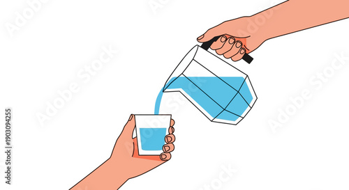 Vector Illustration of Hand Pouring Fresh Drinking Water from Pitcher into Glass, Hydration and Service Concept.