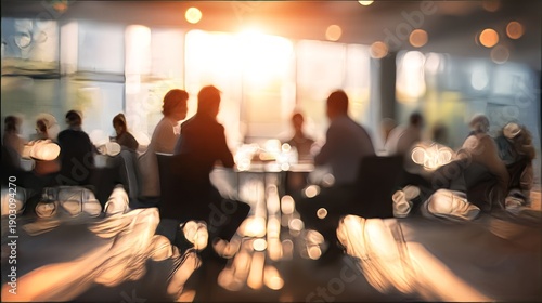 Blurry group of business professionals engaged in round table discussions during a corporate conference, collaborating with partners, and attending presentations in a modern conference room